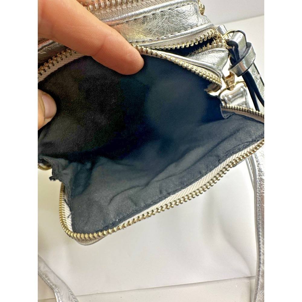 Free People Silver Leather Crossbody Purse Multi pocket Mini Top Handles - Picture 12 of 14